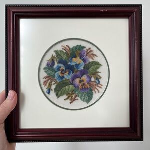 VINTAGE Petit Point Pansies Floral Completed Framed Needlework Handmade Wall Art